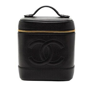 CHANEL Black Caviar Leather Logo Vanity Bag